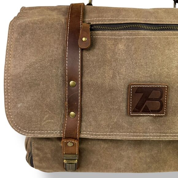 Vintage Style Waxed Canvas Brown Leather Rugged Briefcase Messenger Shoulder Bag - Picture 13 of 16